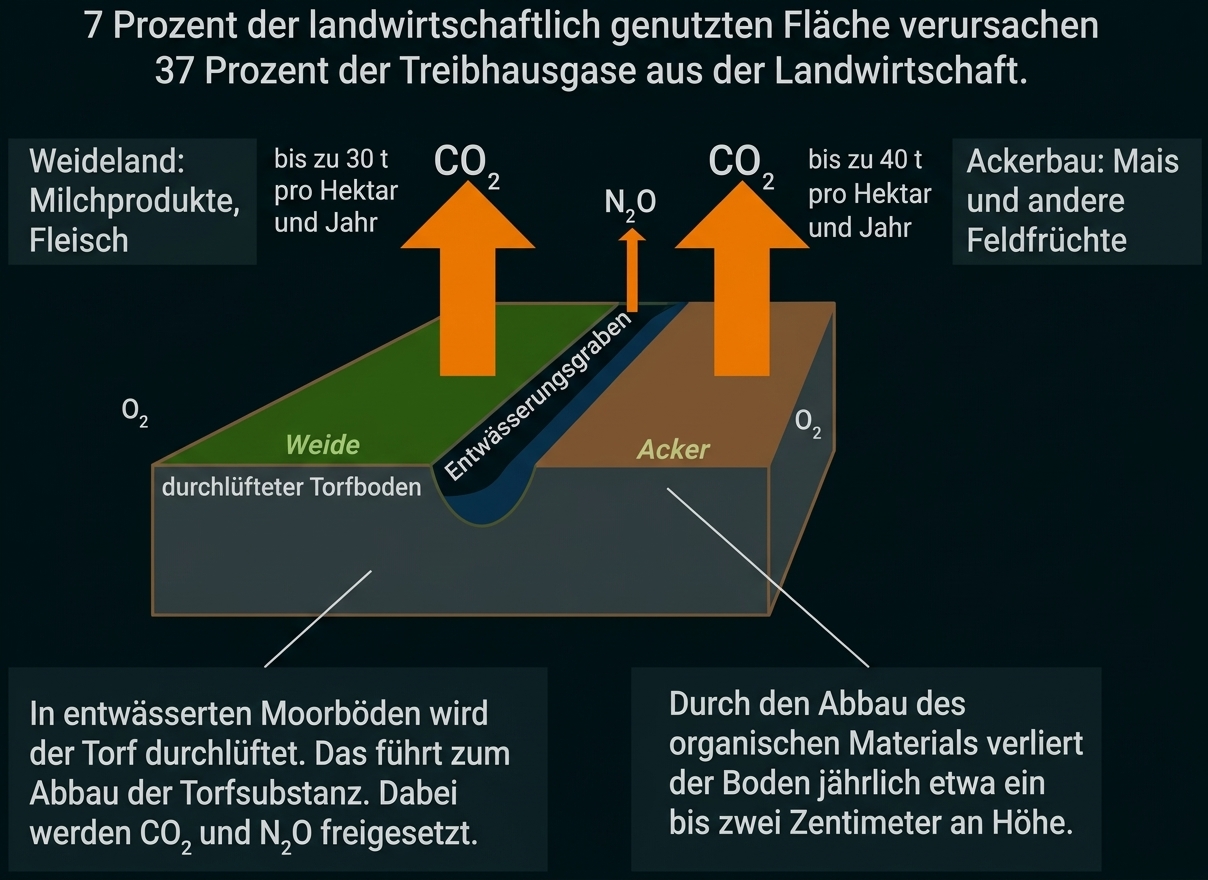 Schematische Darstellung entwässerter Moorböden mit Weide und Acker, Entwässerungsgraben und aufsteigenden CO₂- und N₂O-Emissionen.